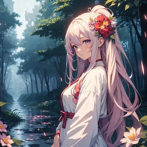 anime girl with long hair and flower in her hair, Beautiful anime artwork, style of anime4 K, Anime art wallpaper 4k,rainy days，janelas，the woods，rain drops