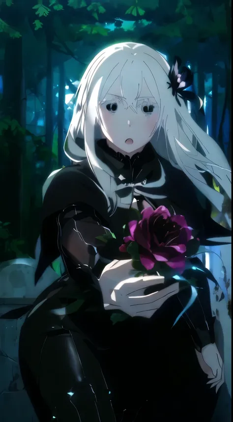 anime girl with white hair holding a flower in a forest