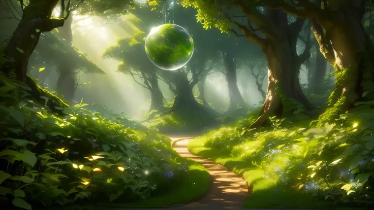 Mysterious forest in early summer、Gentle sunlight through the trees、Fresh greenery、Fantastic plants、Lush forest leaves, grass and wildflowers、Delicious little fruit、Fairy dust floating in the air、Mysterious spheres of light flying around、The overall atmosp...