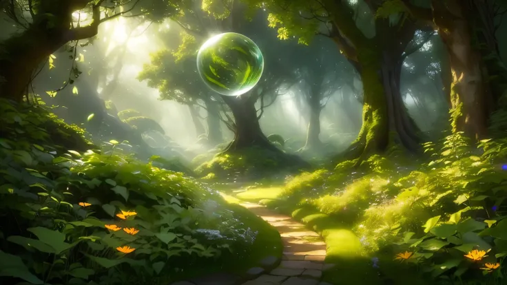 Mysterious forest in early summer、Gentle sunlight through the trees、Fresh greenery、Fantastic plants、Lush forest leaves, grass and wildflowers、Delicious little fruit、Fairy dust floating in the air、Mysterious spheres of light flying around、The overall atmosp...