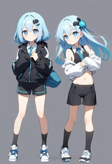  Teenage girls About 18 years old, thigh-length light blue hair and blue eyes with water-shaped pupils. White sleeveless collared shirt with midriff length. Black shorts and wears a jacket from the upper arm to the stomach and is white, the sleeves of the ...