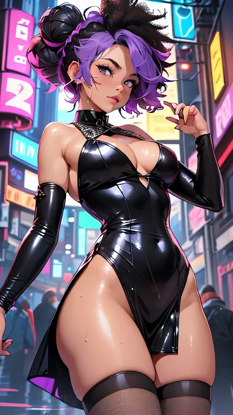 girl spacepunk,(((1girl))),((cute and beautiful afro haired girl)),((((black race)))), (large breasts:1.4),saggy breasts,(((( neon purple afro hair:1.35,((afro hair:1.35)),afrohair,afro:1.35,dark hair, neon purple hair, Double hair bun:1.3)))),medium hair,...