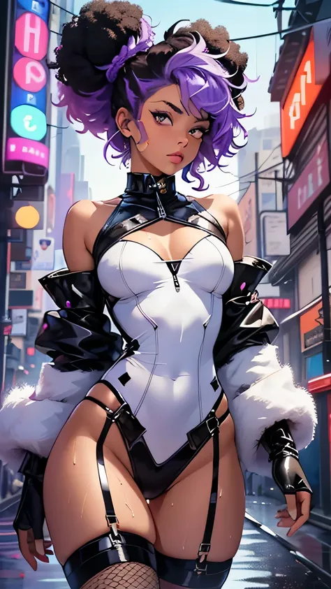 girl spacepunk,(((1girl))),((cute and beautiful afro haired girl)),((((black race)))), (large breasts:1.4),saggy breasts,(((( neon purple afro hair:1.35,((afro hair:1.35)),afrohair,afro:1.35,dark hair, neon purple hair, Double hair bun:1.3)))),medium hair,...