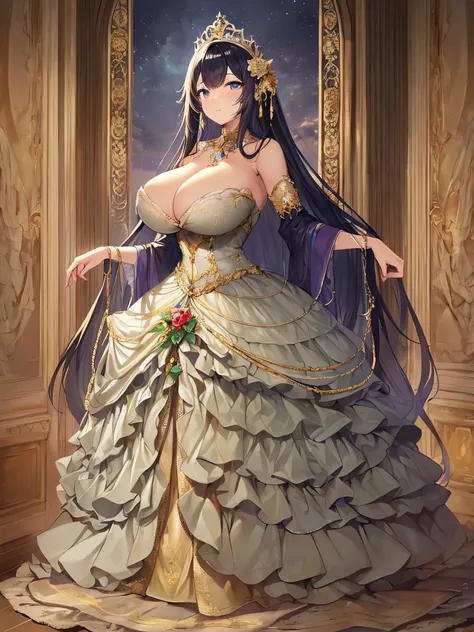 ((moe anime artstyle)),((Masterpiece)),(Best Quality),((Super Detail)),((Very Delicate and Beautiful)),((Solo)),full body,((full body portrait)),absurdly gigantic tits,(((1 bling-bling princess in beautiful embroidery and jeweled gorgeous rococo ballgown w...