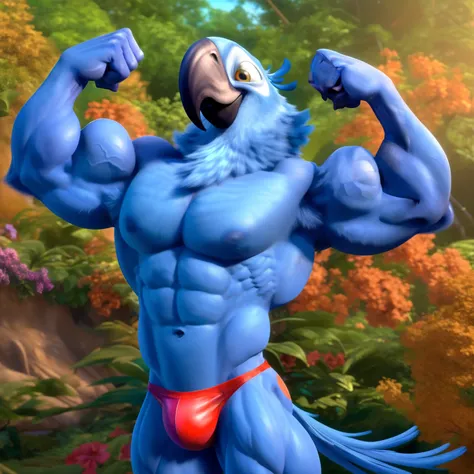 Blu, male, spix macaw, best quality, masterpiece, smile, full body, standing, muscular, lobo, the second, large pectorals, venous muscles, Huge muscles, flexing, wearing speedo, smilin