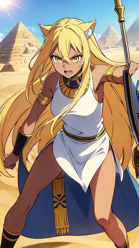 (1girl ,solo,20s,mature female),blonde hair,long hair,cat ears,yellow eyes,(((dark skin))),(Egypt, blue sky, sun),white egypt oufit,bare shoulders,looking at view,angry,open mouth, battle, battle pose, holding a shield