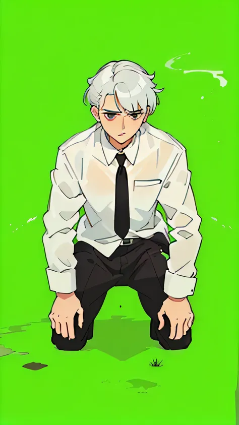 guy stands on his shin, pale face, sad expression, brown eyes, white hair, white rumpled shirt, black tie, trousers and shoes, d...