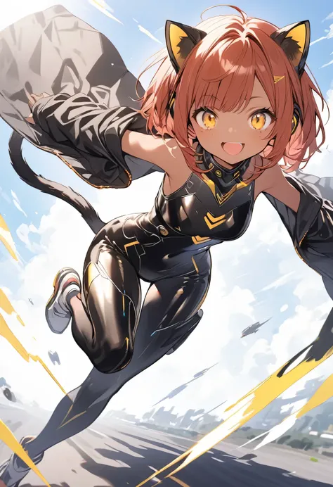 full body,1 woman, 20 years old (cute:1.3),short red Hair, left eye blue, right eye yellow, tan skin, freckles,｛White breastplate, Black futuristic cat ear headphones, Mechanical black glossy metallic Bodysuit, Bare shoulders, oversized jacket, futuristic ...