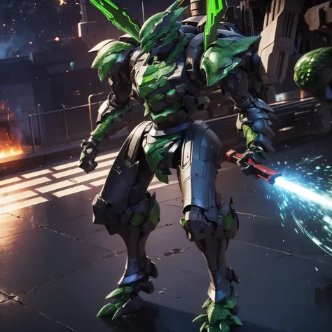 Slender mech holding a medium-sized shotgun. The twig-looking thrusters. (Rounded and smooth body 1:5, green scaly armor: 2). Carried two spare weapons, a closed-barreled shotgun and a heavy-caliber pistol. extremely detaild, 8k, HDR, naturallight, cinemat...