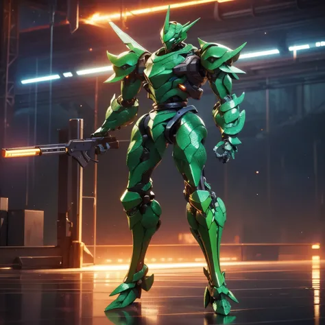 Slender mech holding a medium-sized shotgun. The twig-looking thrusters. (Rounded and smooth body 1:5, green scaly armor: 2). Carried two spare weapons, a closed-barreled shotgun and a heavy-caliber pistol. extremely detaild, 8k, HDR, naturallight, cinemat...