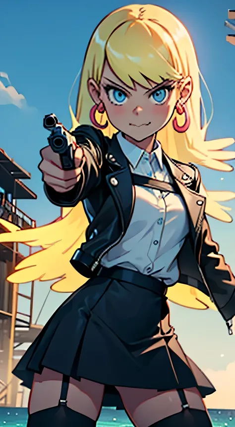 ((masterpiece, best quality)),solo,1girl, leniloud, leni loud, blonde hair, read earloops, highres, detailed, soft lighting, long hair, white shirt, criminal girl, black leather jacket, black skirt, pantyhose, lingerie, background : ocean docks, angry, smi...