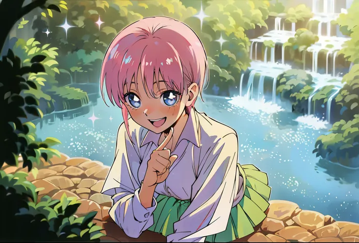 Scenery, light blue sky, 1girl, ichika sitting in the waterfalls, cloud, sitting on rocks in the middle of the waterfall, magical photography, ultra-detailed, 4k, Depth of field, High-resolution, outdoors, starry night sky, starts made of iridescent tears,...