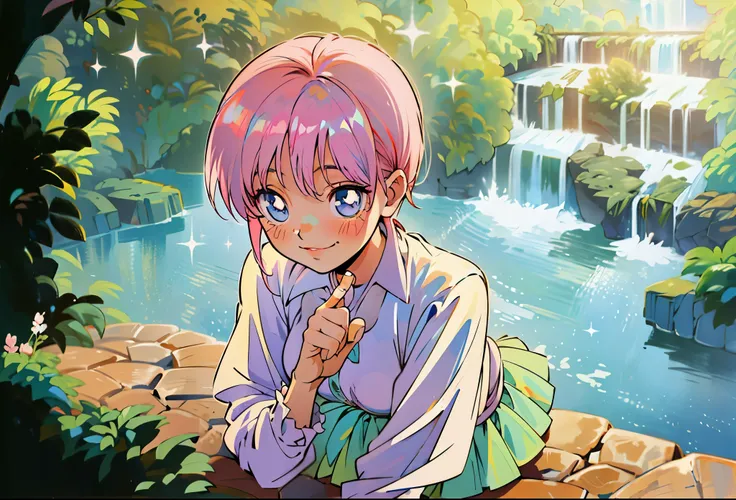 Scenery, light blue sky, 1girl, ichika sitting in the waterfalls, cloud, sitting on rocks in the middle of the waterfall, magical photography, ultra-detailed, 4k, Depth of field, High-resolution, outdoors, starry night sky, starts made of iridescent tears,...