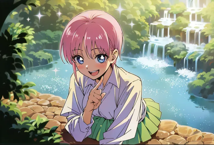 Scenery, light blue sky, 1girl, ichika sitting in the waterfalls, cloud, sitting on rocks in the middle of the waterfall, magical photography, ultra-detailed, 4k, Depth of field, High-resolution, outdoors, starry night sky, starts made of iridescent tears,...