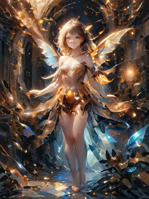 Faye, Full-length portrait of a girl,((Beautiful with bat wings))、A perfect smile、 In a secret hideout, The enchanting garden invites you, Delicate flowers that give off a magical feeling, Makes objects made of Lal Amber appear transparent, Intricate deta...