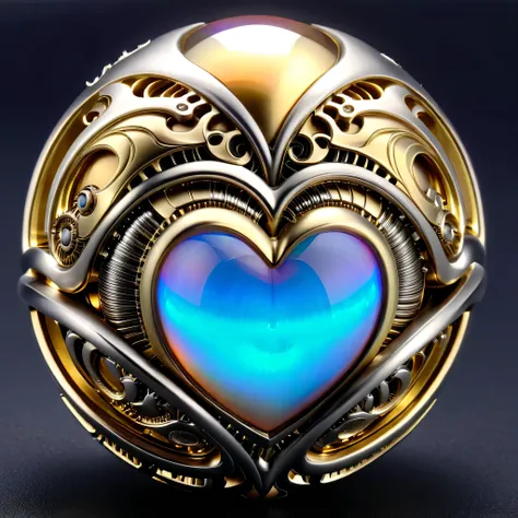 a gold and opal mechanical orb, giger style, silvercarvingcd_xl , rainbow heart aura,