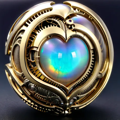 a gold and opal mechanical orb, giger style, silvercarvingcd_xl , rainbow heart aura,