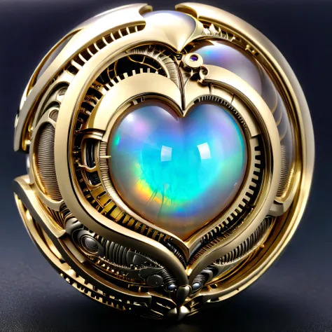 a gold and opal mechanical orb, giger style, silvercarvingcd_xl , rainbow heart aura,
