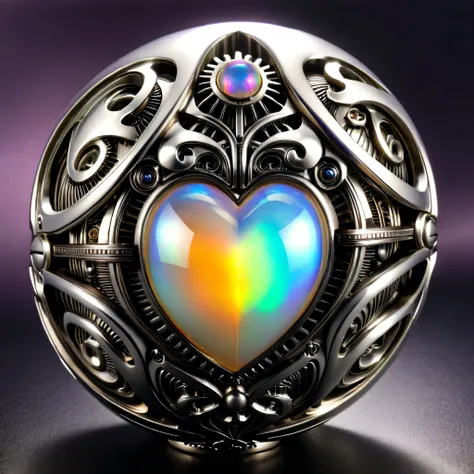 a sliver and opal mechanical orb, giger style, silvercarvingcd_xl , rainbow heart aura,