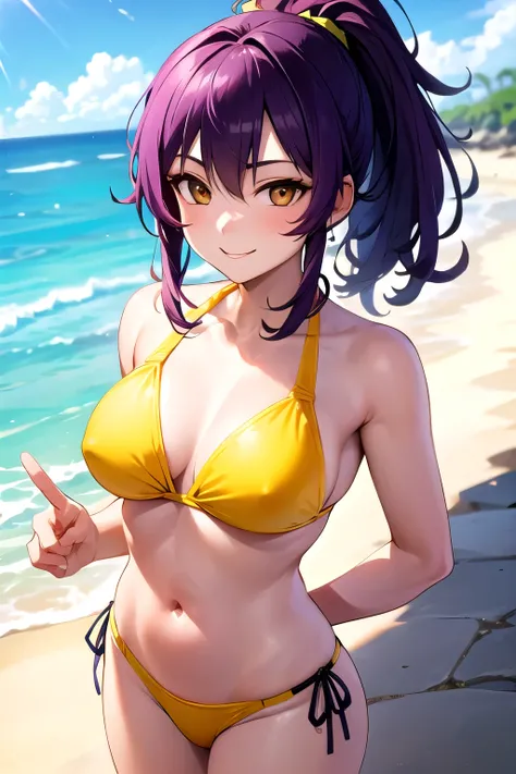 1girl, brown eyes, purple hair, ponytail, yellow bikini, beach, detailed fingers, smiling, arrogant, standing