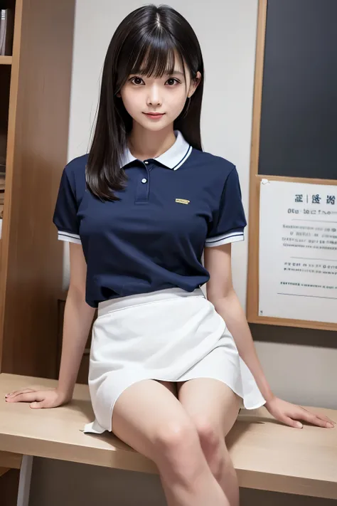 Japanese、high school student、18-year-old、Medium build、Beauty、Facing forward、Correct left and right eyes、He is wearing a long navy blue short-sleeved polo shirt、She is wearing a grey tight long skirt、Sitting in a chair、Hands behind back、((Her white underwea...