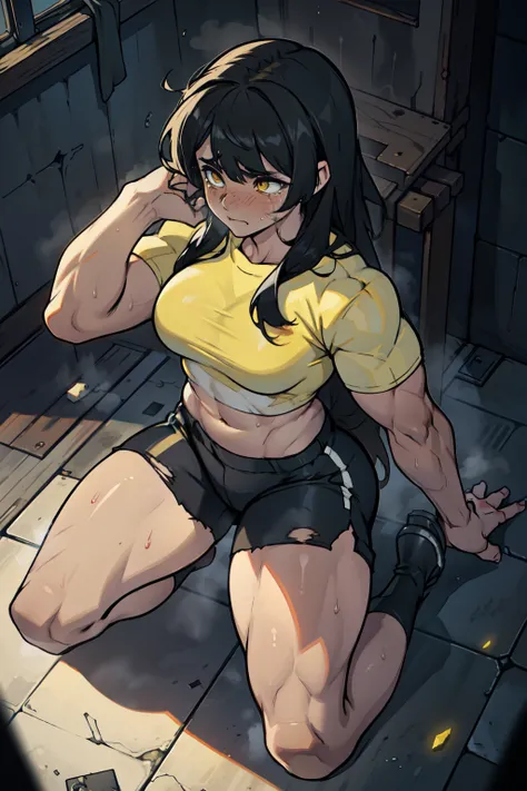 (1 girl solo) kneeling solo abs sad ((crying)) ((bleeding)) torn clothes pale skin bodybuilder huge  sweaty foggy steam black hair yellow eyes very long hair (((hands behind back))) (from above)