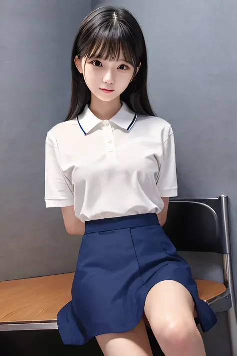 Japanese、high school student、18-year-old、Medium build、Beauty、Facing forward、Correct left and right eyes、He is wearing a long navy blue short-sleeved polo shirt、She is wearing a grey tight long skirt、Sitting in a chair、Hands behind back、((Her white underwea...