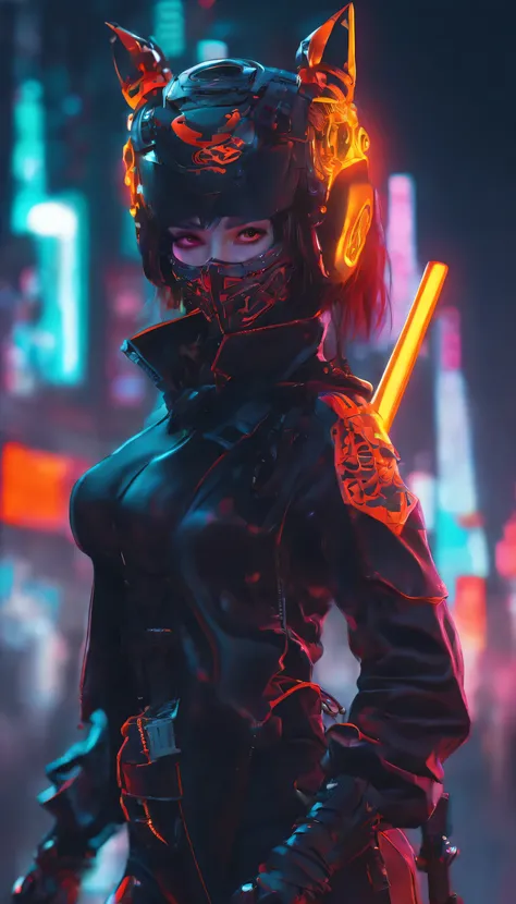 Sateen，the night，ember，Smile mask，coat large，Fighting posture，holding gun. Hyperrealistic version of a woman kneeling down with a sword in her hand, very beautiful cyberpunk samurai, anime cyberpunk art, cyberpunk samurai, cyberpunk anime art, anime cyberp...