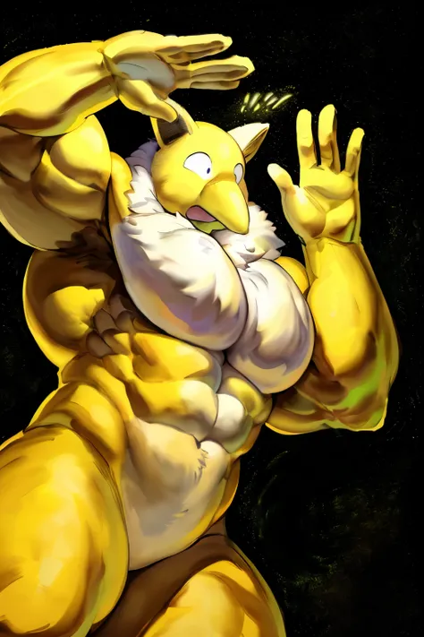 Furry, Anthro, solo, Hypno, Male, (((muscular body, massive thighs, massive male pectorals, fluffy neck))), ((((massive biceps, confusing, wide-eyed, shocked, arms down, waving)))), ((((((massive bulky torso)))))), naked, black/yellow spraypainted backgrou...