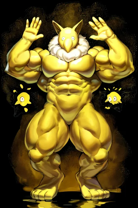 Furry, Anthro, solo, Hypno, Male, (((muscular body, massive thighs, massive male pectorals, fluffy neck))), ((((massive biceps, confusing, wide-eyed, shocked, arms down, waving)))), ((((((massive bulky torso)))))), naked, black/yellow spraypainted backgrou...