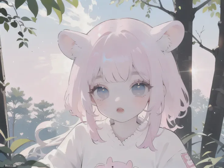 (high quality) (best quality) (a woman) (correct physiognomy) (Perfect students) (perfect eyes) woman with ears bunny in his head, deep pink long fluffy hair pink, two rabbit ears coming out of her head, blue eyes, sensitive lips, feminine appearance, soft...