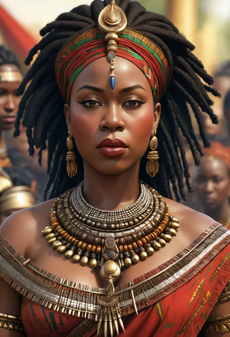 a highly detailed, realistic representation of Queen Nzinga, thick figure, attractive, gorgeous, beautiful, queen, African warrior attire, adorned with tribal jewelry and a striking expression.