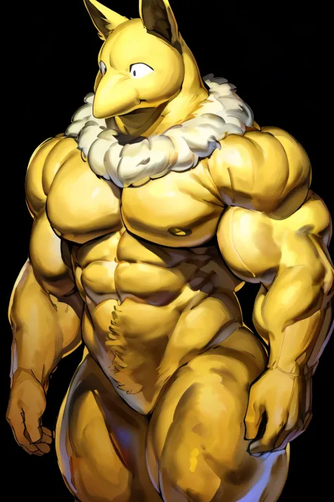 Furry, Anthro, solo, Hypno, Male, (((muscular body, massive thighs, massive male pectorals, fluffy neck))), ((((massive biceps, wide-eyed)))), ((((((massive bulky torso)))))), naked, black/yellow spraypainted background, by buta99, by meesh, (((digital pai...