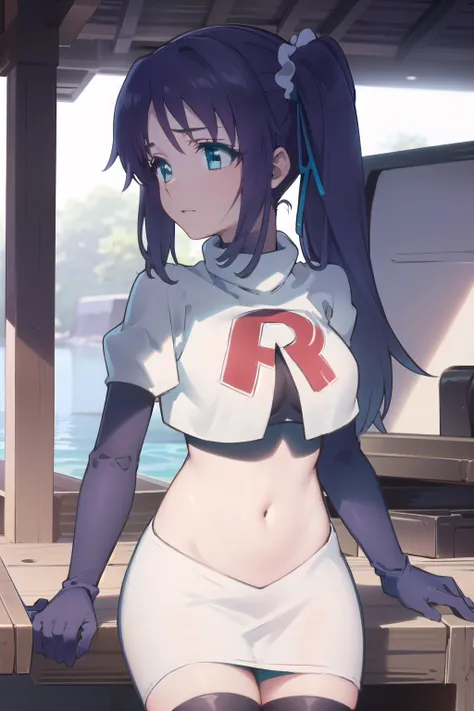 1girl,solo,outdoor,
 aatisaki,blue_hair,blue_eyes,side_ponytail,team rocket,team rocket uniform,white skirt,red letter R,crop top,black thigh-highs,black elbow gloves