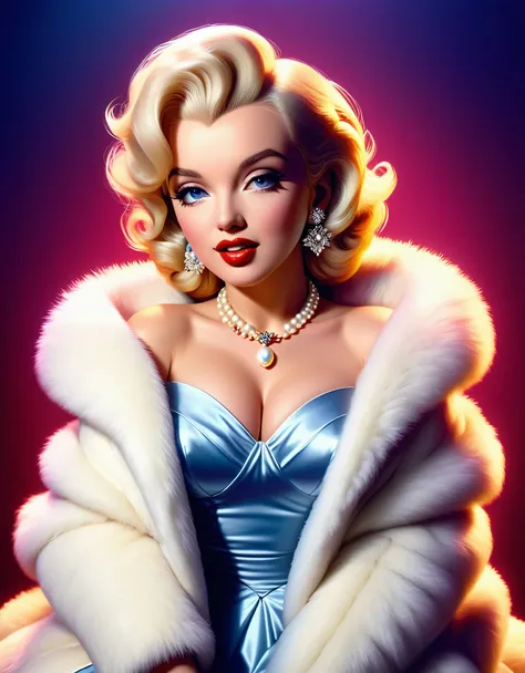 A photorealistic rendering of Marilyn Monroe in a glamorous pose, wearing a fur stole and pearl necklace, exuding classic Hollywood elegance. Hyper-realistic, vibrant colors, 16k