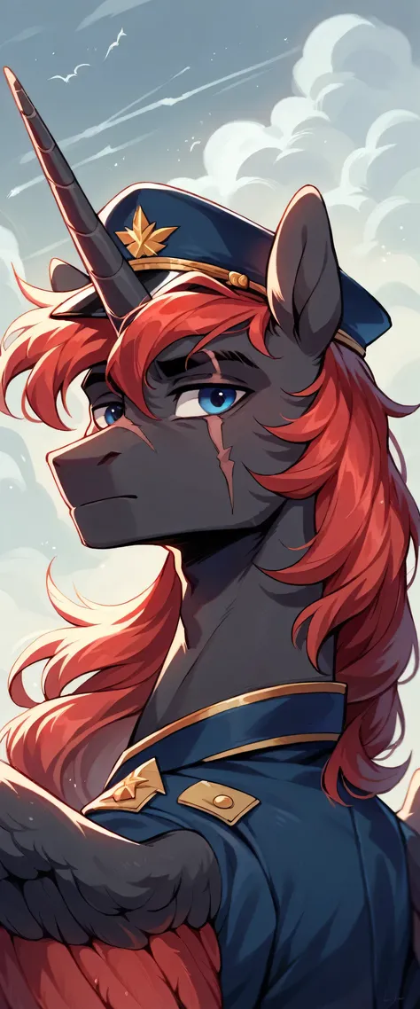 Male alicorn pony, sfw, black fur, dark blue eyes, red striped, long flowing red hair and tail, scar over left eye, red feathers on wings, thunderstorm butt mark, standing proud, white navy officers uniform, facing viewer, close-up portrait