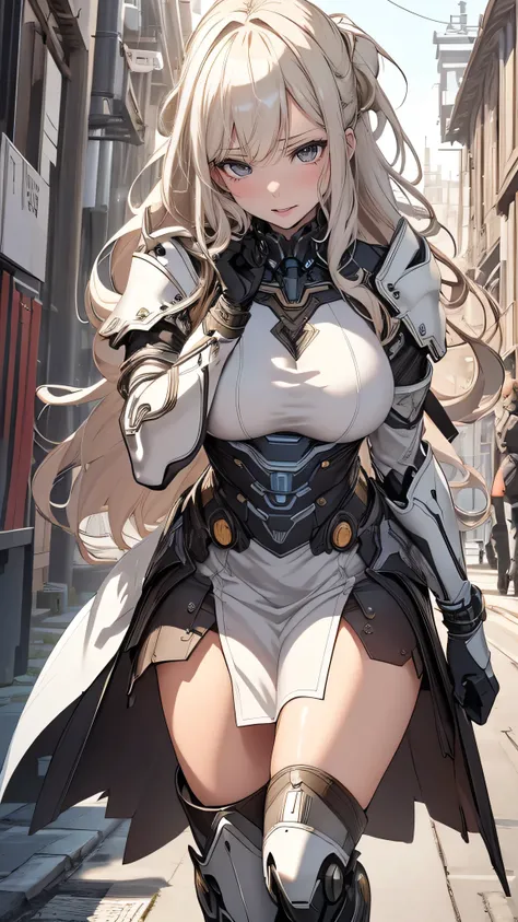 (dynamic fighting pose),(leather boots,(asymmetrical mecha armor),(long embroidered white lace dress,see through,lift up the hem of the dress)),(random hairstyle),(Thin type:1.8),(large breasts),(Highest image quality,(8K), Ultra-realistic, Best Quality, H...
