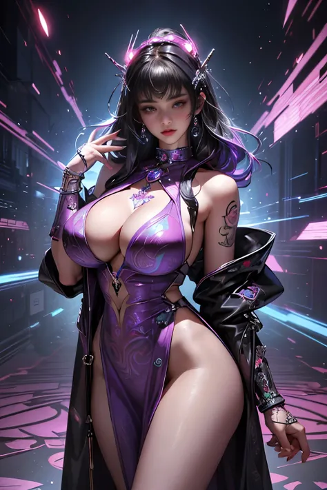 (masterpiece, top quality, best quality, official art, beautiful, cosmic, atmospheric, psychedelic, dreamlike and aesthetic, the most beautiful and highly detailed Harajuku-inspired hooded cyberpunk battle armor, super huge enormously gigantic tits, tons o...