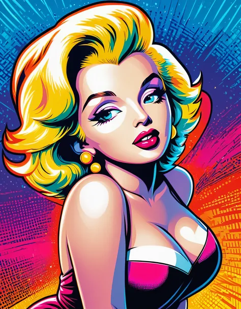 A pop art depiction of Marilyn Monroe, featuring bold colors, strong outlines, and a modern, playful feel. Hyper-realistic, vibrant colors, 16k