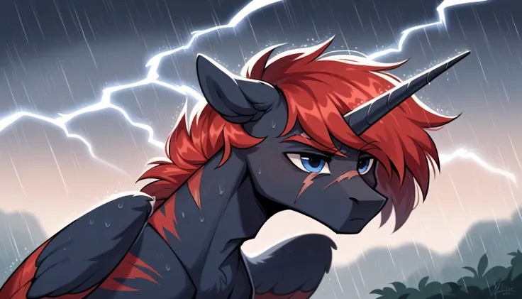 Male alicorn pony, sfw, black fur, dark blue eyes, red stripes, long flowing red hair and tail, scar over left eye, red feathers on wings, thunderstorm butt mark, standing proud, white navy admirals uniform, lightning in background, raining, dark, facing v...