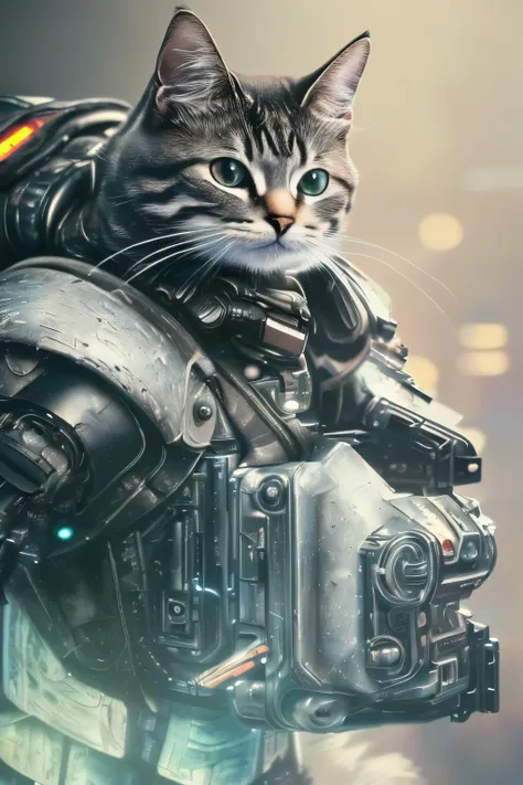 (Best quality,4K,8K,A high resolution,Masterpiece:1.2),Ultra-detailed,(Realistic,Photorealistic,photo-realistic:1.37),a cat wearing cyberpunk armor and helmet ,Expressive eyes,Cute twitchy beard,Hints of vulnerability,Gently wagging tail,playful pose,Art c...