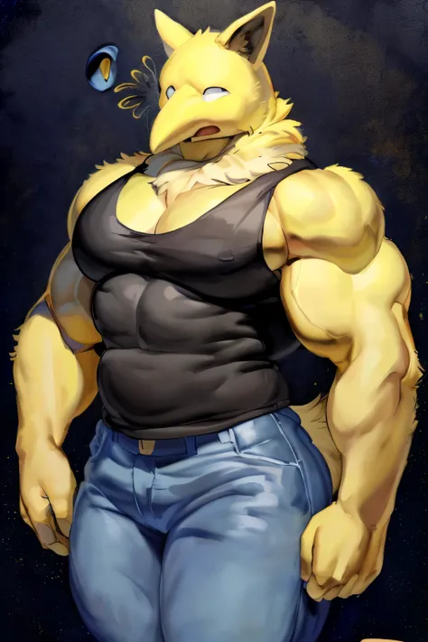 Furry, Anthro, solo, Hypno, Male, (((muscular body, massive thighs, massive male pectorals, fluffy neck))), ((((massive biceps, wide-eyed, shocked, looking at viewer)))), ((((((massive bulky torso)))))), (((wearing jeans, wearing grey tanktop))), black/yel...