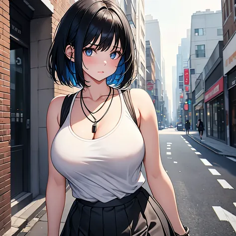 A young girl, white skin, short black hair with blue highlights, black necklace, medium tits, big ass, is walking on the street. He has an innocent face. She wears a white sleeveless t-shirt and a black skirt.