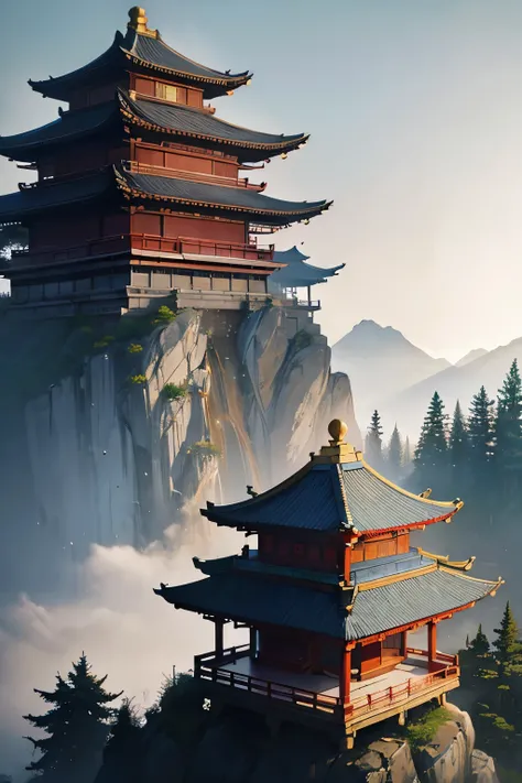 Chinese martial arts style, with vast sky, in the forest, mountain side, cliffs, ink wash style, outline light, atmospheric atmosphere, depth of field, mist rising, bamboo, pine trees, cherry blossoms, spring, stone pavilions, Chinese temples, waterfalls, ...