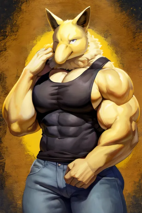 Furry, Anthro, solo, Hypno, Male, (((muscular body, massive thighs, massive male pectorals, fluffy neck))), ((((massive biceps, wide-eyed, looking at viewer, hand on cheek)))), ((((((massive bulky torso)))))), (((wearing jeans, wearing full grey tanktop)))...