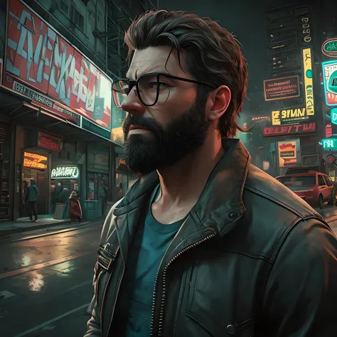 close-up pivaarts male with glasses and beard, gta iv style, high-res, ultra-detailed, realistic, urban cityscape, vibrant color...