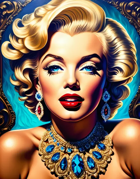 A baroque-style painting of Marilyn Monroe, with rich colors, dramatic lighting, and elaborate details. Hyper-realistic photo, vibrant colors, 16k