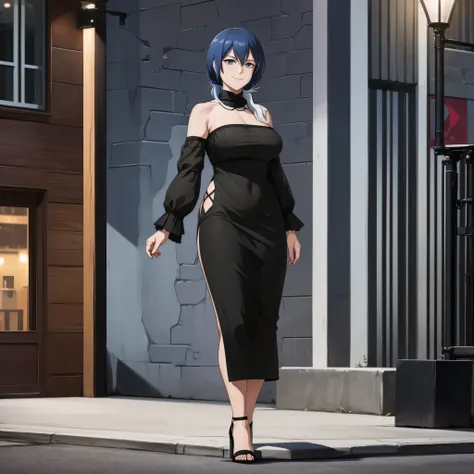 a woman wearing a black dress, sophisticated dress, exposed shoulder, exposed leg, black heels, blue hair, ponytail hair, blue e...