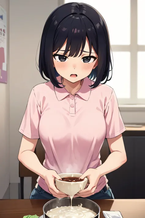 Highest quality, High resolution, 1.female, Reluctance Nausea Black eyes (There is semen on the lunch box:1) Cute Looking down Pink polo shirt  Short hair, Black Hair,  seiza,  Focus on face, lots of semen in mouth, lots of penis