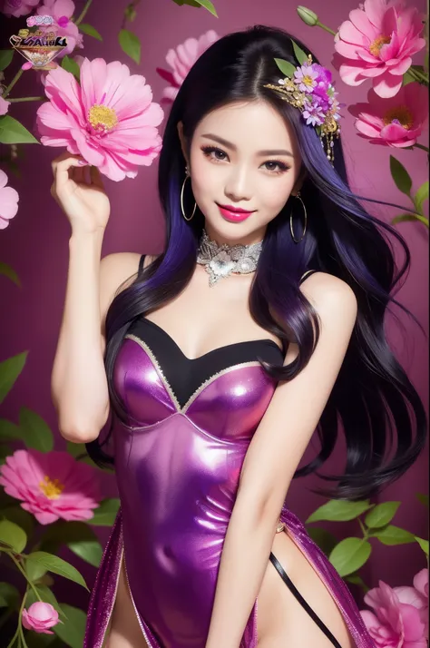 sexy Thai model who controls poison、beautiful smile、lipgloss、bold lipstick、intense makeup、look at the camera、full body Esbian、、sparkling poisoned flower costume、、、、sparkling Colorful hair、secrete poison、skull hair accessories、sexy tights、shiny sparkling fl...